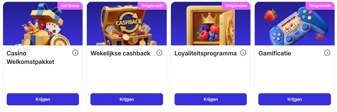 Zumobet Casino promoties met welkomstpakket, wekelijkse cashback, loyaliteitsprogramma en gamificatie