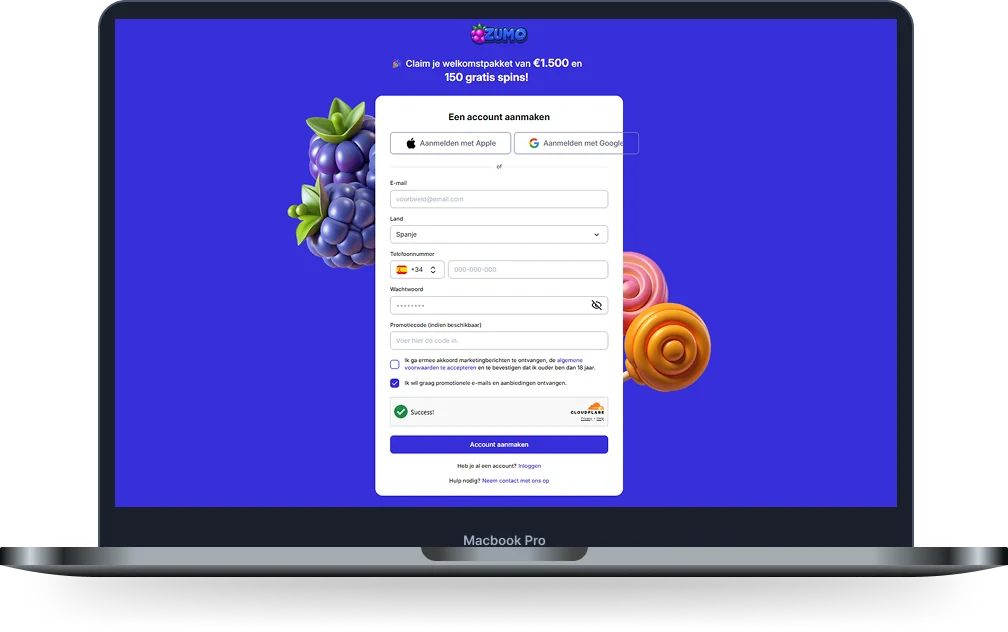 Zumobet Casino registratieformulier met welkomstpakket en accountaanmaak